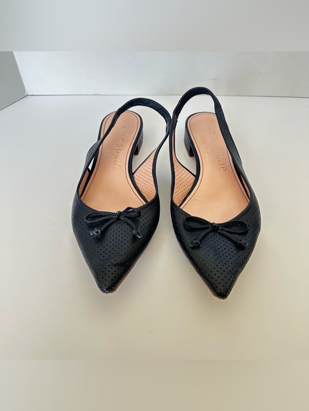 kate spade Black Perforated Pointed-Toe Slingback Flats with Bow